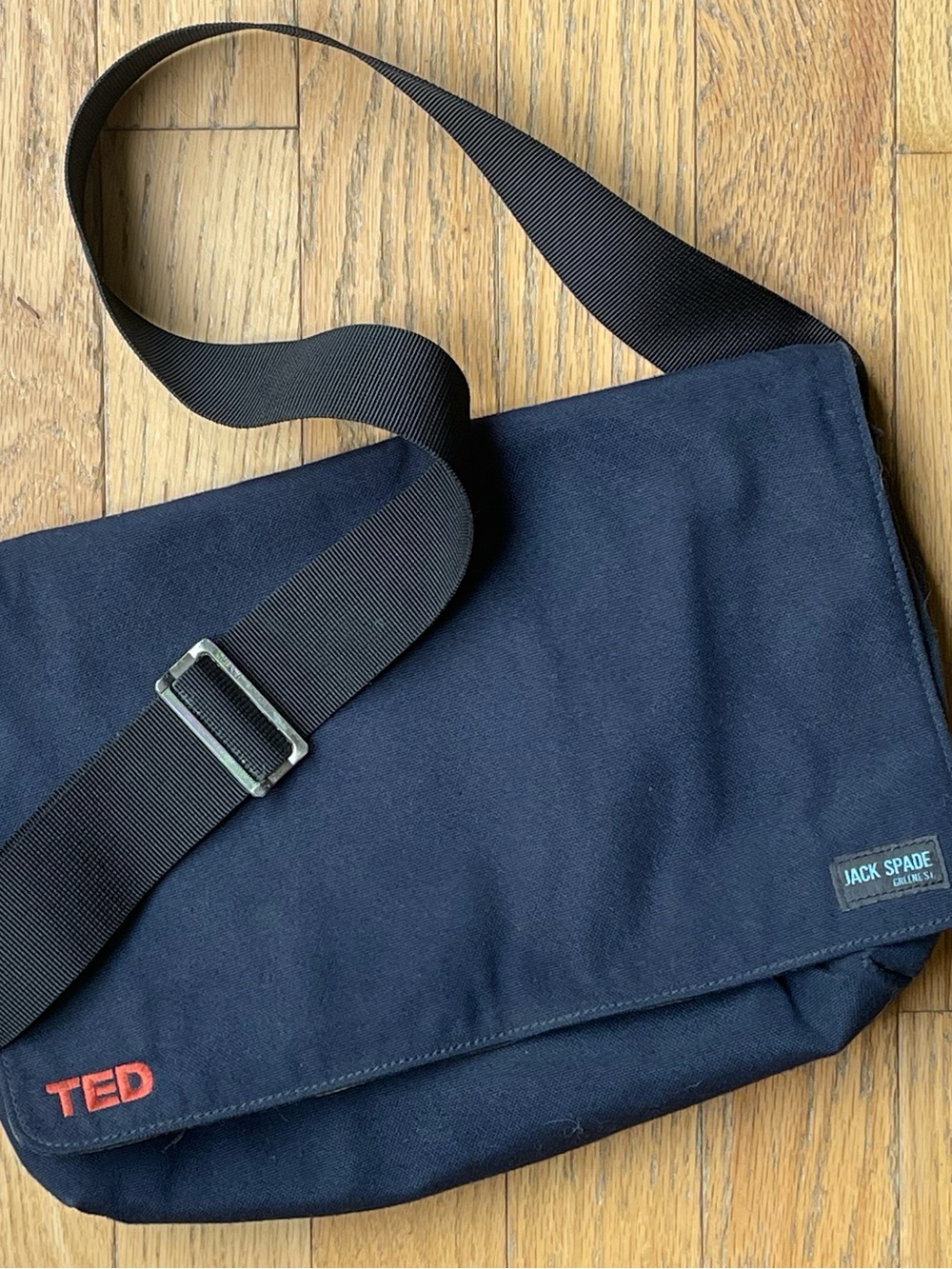 Jack Spade Navy Canvas Messenger Bag via TED conference with Black Strap